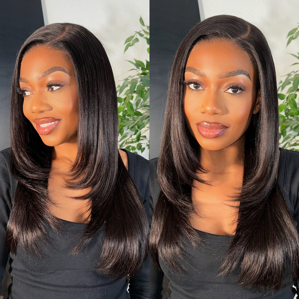 All-Day Comfort Wig 180% Density Blonde Highlight Butterfly Cut Layered Light Yaki Straight Glueless