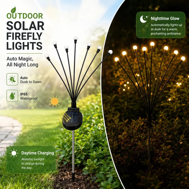 Outdoor Solar Firefly Lights, 4/8 Pack Waterproof Garden Stake Lights with Auto Dusk-to-Dawn Glow, 32/64 LED Bulbs for Yard, Patio, Pathway, Walkway & Landscape Decor