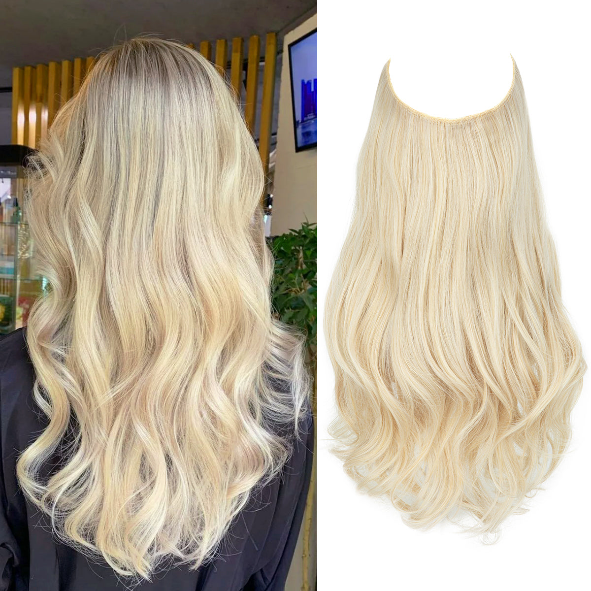 Blonde—High Quality Halo Hair Extensions(Comprising Wavy + Straight)