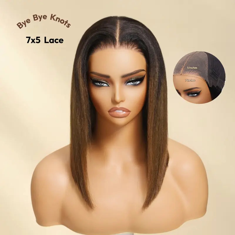 Glueless Yaki Straight Short Bob Wig - 7x5 HD Lace
