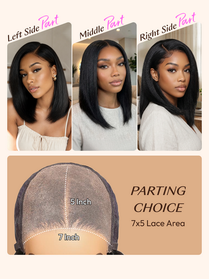 Glueless Yaki Straight Short Bob Wig - 7x5 HD Lace