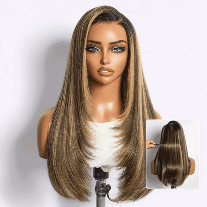 All-Day Comfort Wig 180% Density Blonde Highlight Butterfly Cut Layered Light Yaki Straight Glueless