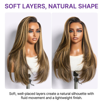 All-Day Comfort Wig 180% Density Blonde Highlight Butterfly Cut Layered Light Yaki Straight Glueless