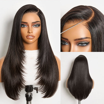 All-Day Comfort Wig 180% Density Blonde Highlight Butterfly Cut Layered Light Yaki Straight Glueless