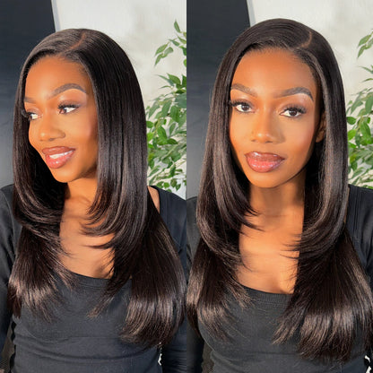 All-Day Comfort Wig 180% Density Blonde Highlight Butterfly Cut Layered Light Yaki Straight Glueless